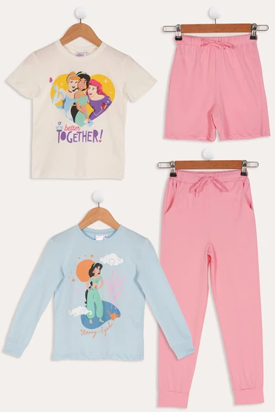 4'lü Disney Princess Baskılı Tshirt Şort Pantolon Takım