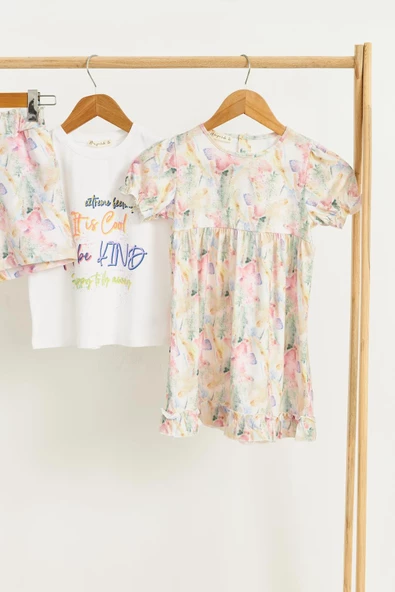 3'lü Tshirt Elbise Şort Sarı Takım - 2