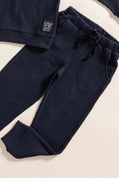 2'li Pamuk Waffle Sweat Jogger Lacivert Alt Üst Takım - 3