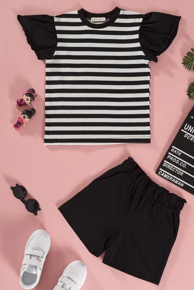 Çizgili Volanlı Kol Tshirt Şort Siyah Takım ürün görseli