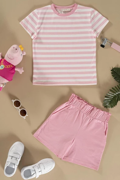 Çizgili Tshirt Şort Pembe Takım ürün görseli