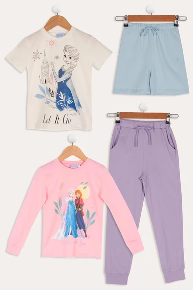 4'lü Frozen Baskılı Pudra Tshirt Şort Pantolon Takım