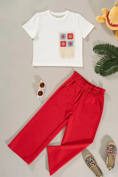 Dantel Cep Detaylı Kırmızı Pantolon Takım ürün görseli 1