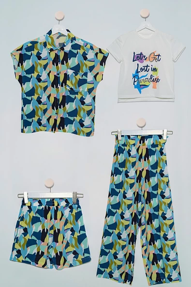 4'lü Desenli Gömlek Tshirt Pantolon Şort Lacivert Takım ürün görseli