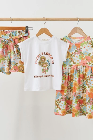 3'lü Çicekli Elbise Yeşil Takım - Resim 3