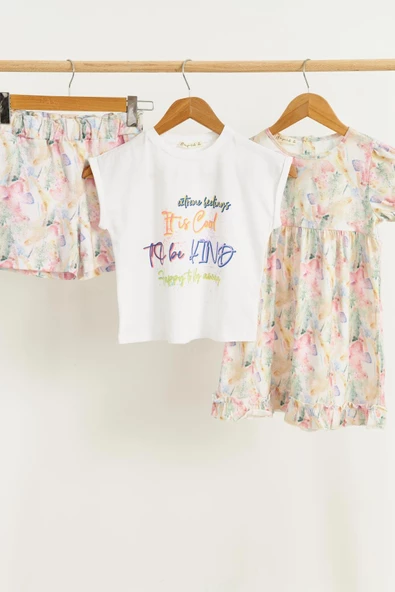 3'lü Tshirt Elbise Şort Sarı Takım - 4