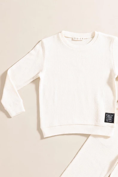 2'li Pamuk Waffle Sweat Jogger Ekru Alt Üst Takım - 2