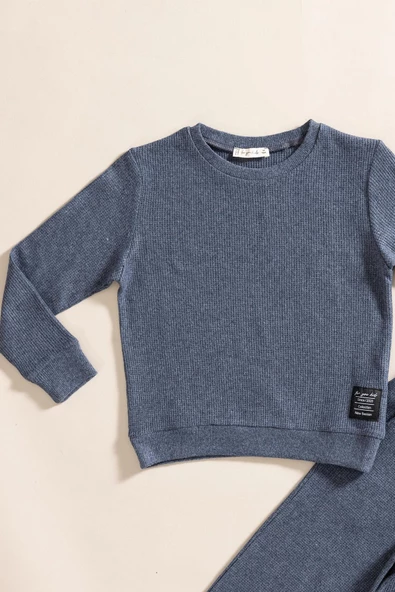 2'li Pamuk Waffle Sweat Jogger İndigo Alt Üst Takım - 2