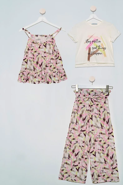 3'lü Desenli Bluz Tshirt Pantolon Ekru Takım ürün görseli