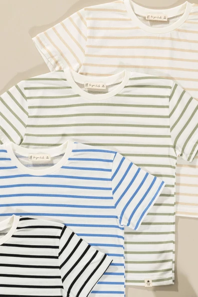 4'lü Erkek Çocuk Yeşil Saks Siyah Taş Çizgili Tshirt - Resim 2