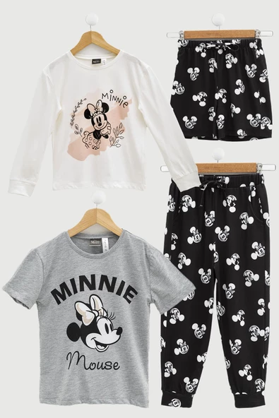 4'lü Minnie Mouse Baskılı Tshirt Şort Pantolon Takım