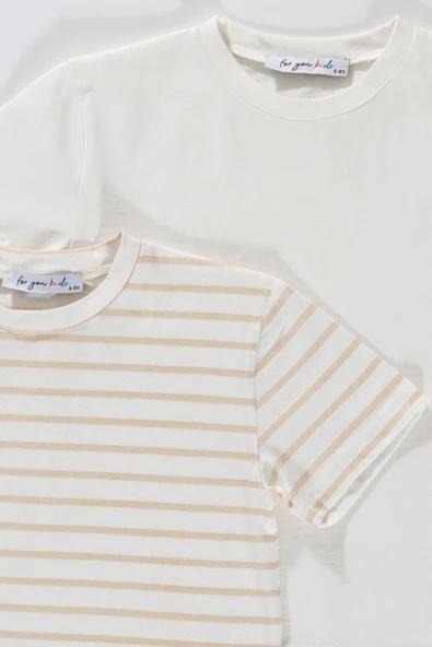 2'li Etiket Detaylı Cizgili Taş Ekru T-shirt - Resim 2