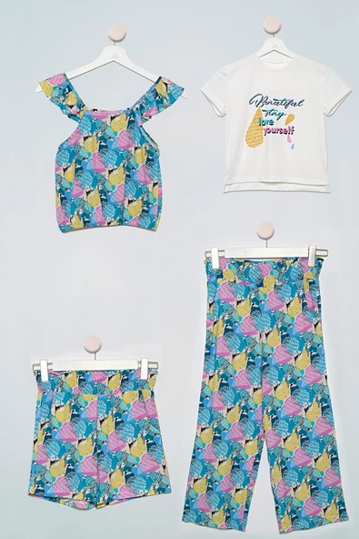 4'lü Bluz Tshirt Pantolon Şort Sarı Takım