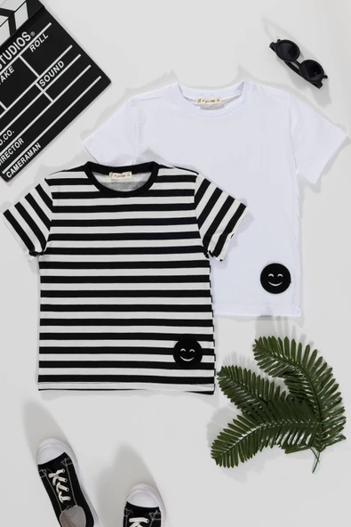 2'li Emoji Cizgili Siyah Beyaz Tshirt