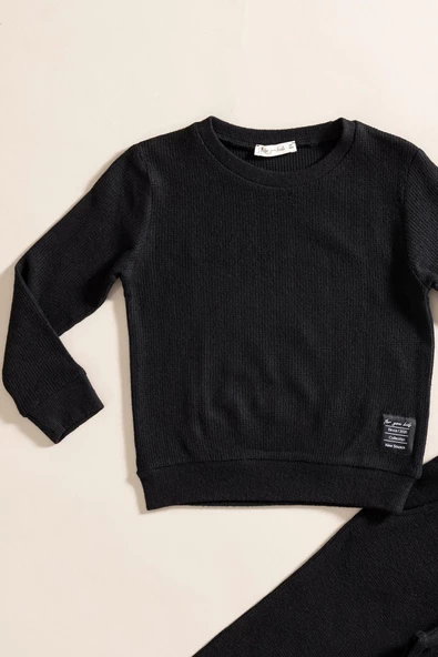 2'li Pamuk Waffle Sweat Jogger Siyah Alt Üst Takım - 2