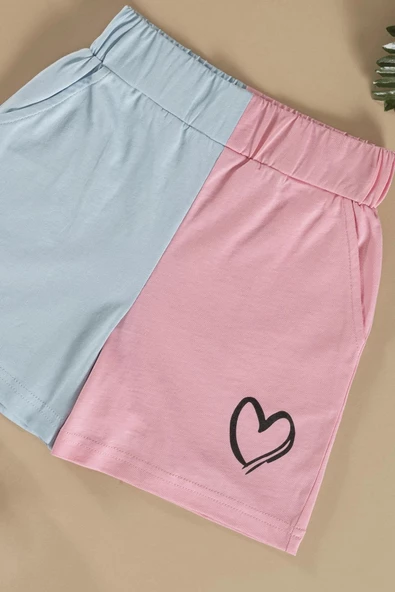 Kalp Baskılı Pembe Tshirt Şort Takım - Resim 3