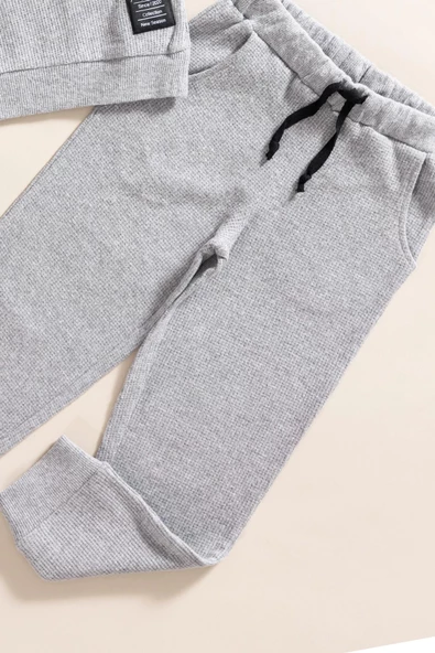 2'li Pamuk Waffle Sweat Jogger Koyu Gri Alt Üst Takım - 3