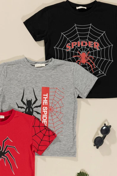 3'lü Spider Baskılı Siyah Kırmızı Gri Tshirt - 2