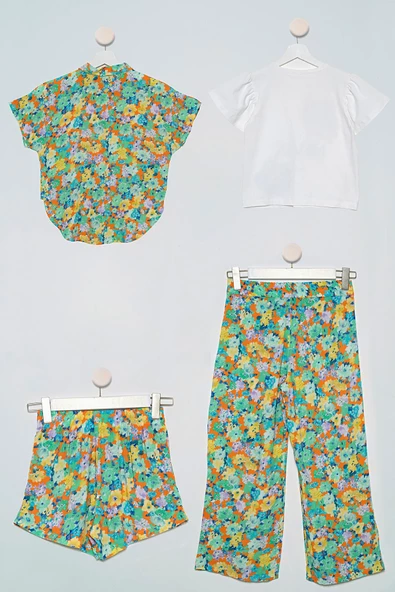 4'lü Desenli Gömlek Tshirt Pantolon Şort Yeşil Takım - 2