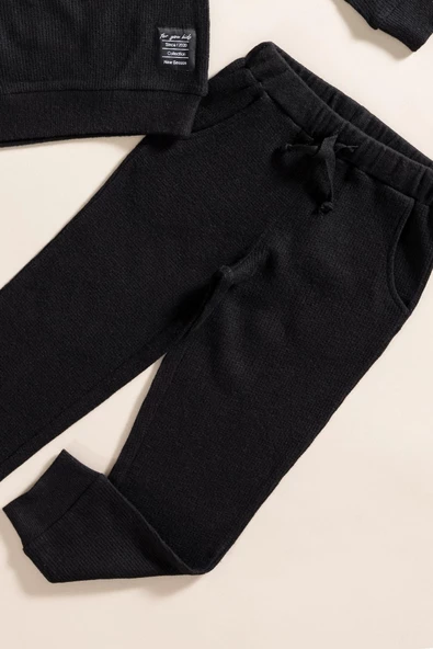 2'li Pamuk Waffle Sweat Jogger Siyah Alt Üst Takım - 3