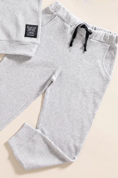 2'li Pamuk Waffle Sweat Jogger Açık Gri Alt Üst Takım - 3