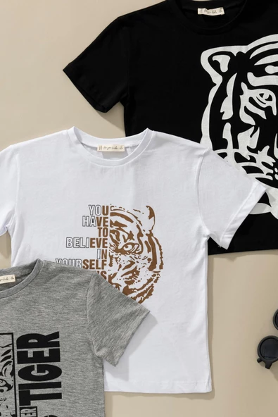 3'lü Kaplan Baskılı Siyah Beyaz Gri Tshirt - 2