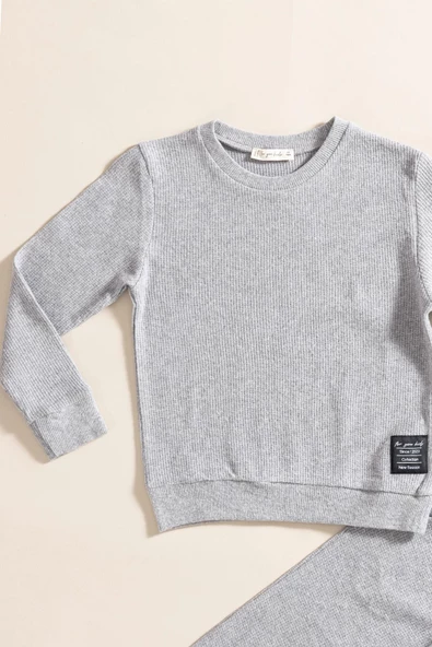 2'li Pamuk Waffle Sweat Jogger Koyu Gri Alt Üst Takım - 2