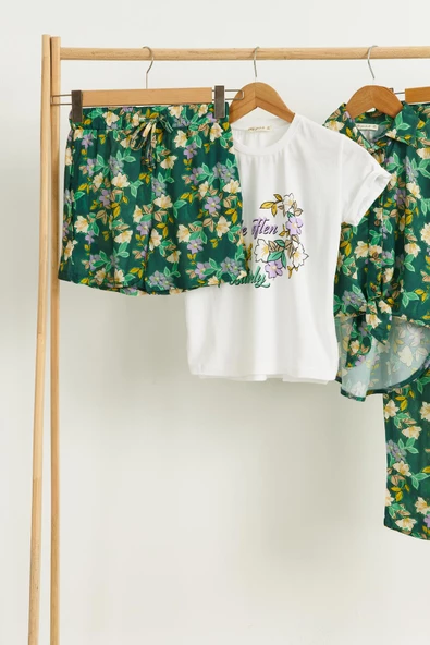 4'lü Tshirt Gömlek Pantolon Şort Yeşil Takım - 4