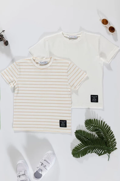 2'li Etiket Detaylı Cizgili Taş Ekru T-shirt