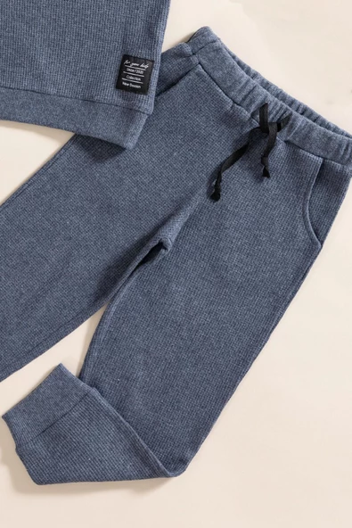 2'li Pamuk Waffle Sweat Jogger İndigo Alt Üst Takım - 3