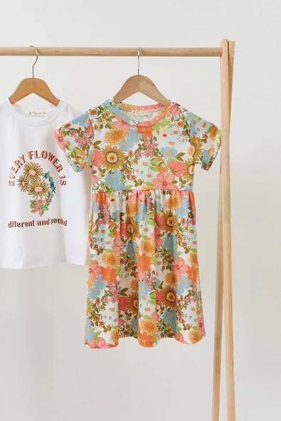 3'lü Çicekli Elbise Yeşil Takım - Resim 4