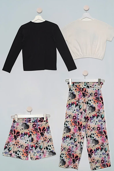 4'lü Batik Desen Çicek Tshirt Pantolon Şort Siyah Takım - 2