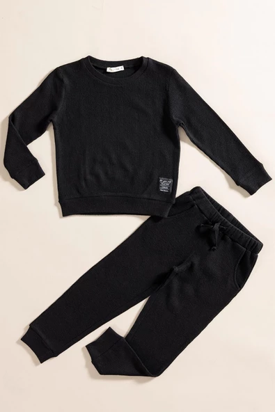 2'li Pamuk Waffle Sweat Jogger Siyah Alt Üst Takım - 1