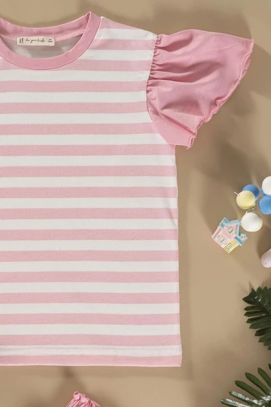 Çizgili Volanlı Kol Tshirt Şort Pembe Takım - 2