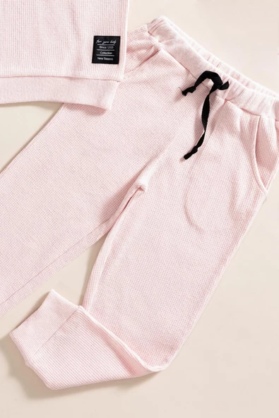 2'li Pamuk Waffle Sweat Jogger Pembe Alt Üst Takım - Resim 3