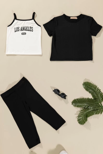 3'lü Los Angeles Baskılı Tshirt Atlet Tayt Siyah Takım - Resim 3