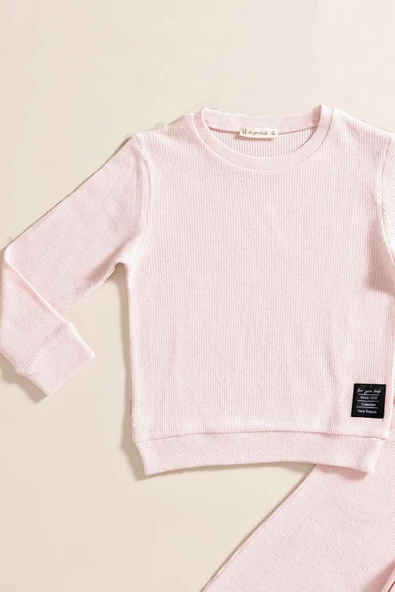 2'li Pamuk Waffle Sweat Jogger Pembe Alt Üst Takım - Resim 2