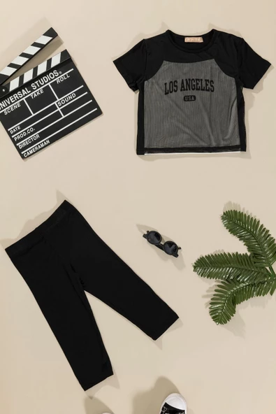 3'lü Los Angeles Baskılı Tshirt Atlet Tayt Siyah Takım - Resim 2