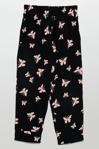 Kelebek Baskılı Doğal Viskon Siyah Pijama Takımı - 3