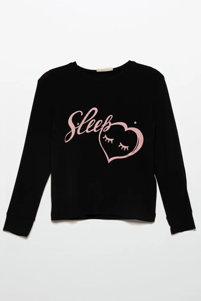 Sleep Kalp Baskılı Doğal Viskon Siyah Pijama Takımı - Resim 2