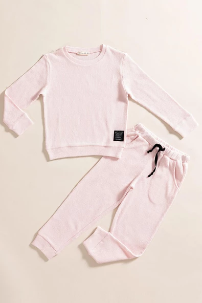 2'li Pamuk Waffle Sweat Jogger Pembe Alt Üst Takım ürün görseli 1