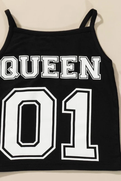 3'lü Queen Baskılı Tshirt Atlet Tayt Siyah Takım - Resim 3