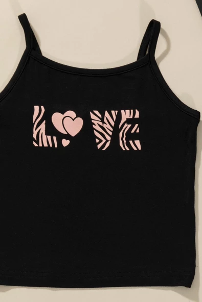 3'lü Love Baskılı Tshirt Atlet Tayt Siyah Takım - Resim 3