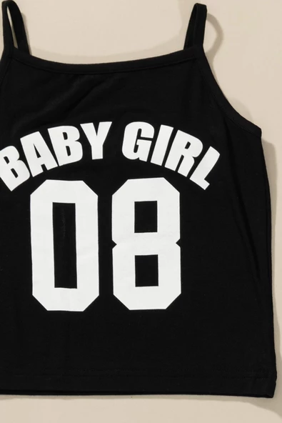 3'lü Baby Girl Baskılı Tshirt Atlet Tayt Siyah Takım - Resim 2