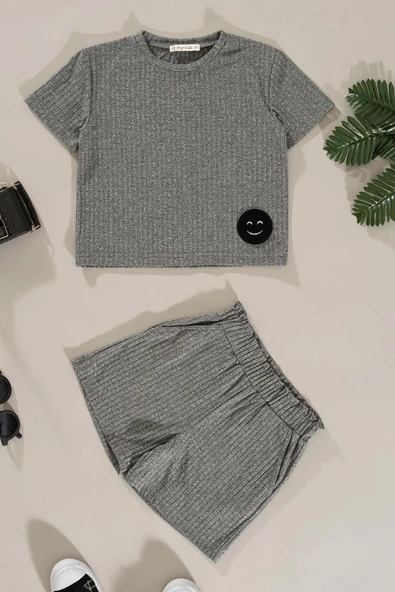 Emoji Detaylı Gri Alt Üst Şort Takım ürün görseli