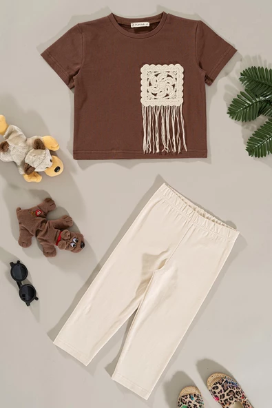 Cep Püskül Detaylı Tshirt Tayt Kahve Alt Üst Takım ürün görseli 1