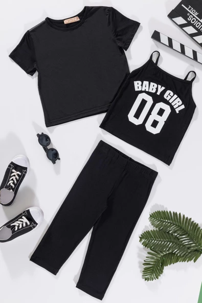 3'lü Baby Girl Baskılı Tshirt Atlet Tayt Siyah Takım ürün görseli
