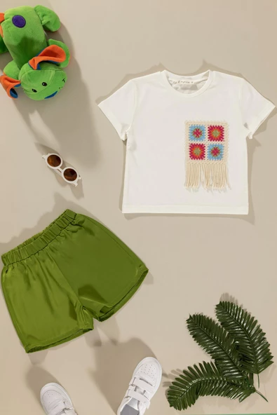 Cep Dantel Detaylı Yeşil Tsihrt Şort Takım - Resim 2