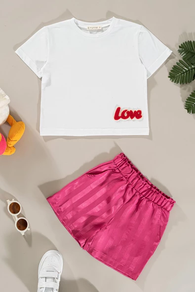 Love Nakışlı Fuşya Beyaz Jakarlı Şort Alt Üst Takım ürün görseli