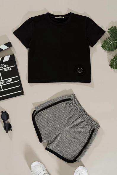 Emoji Detaylı Siyah Alt Üst Şort Takım ürün görseli